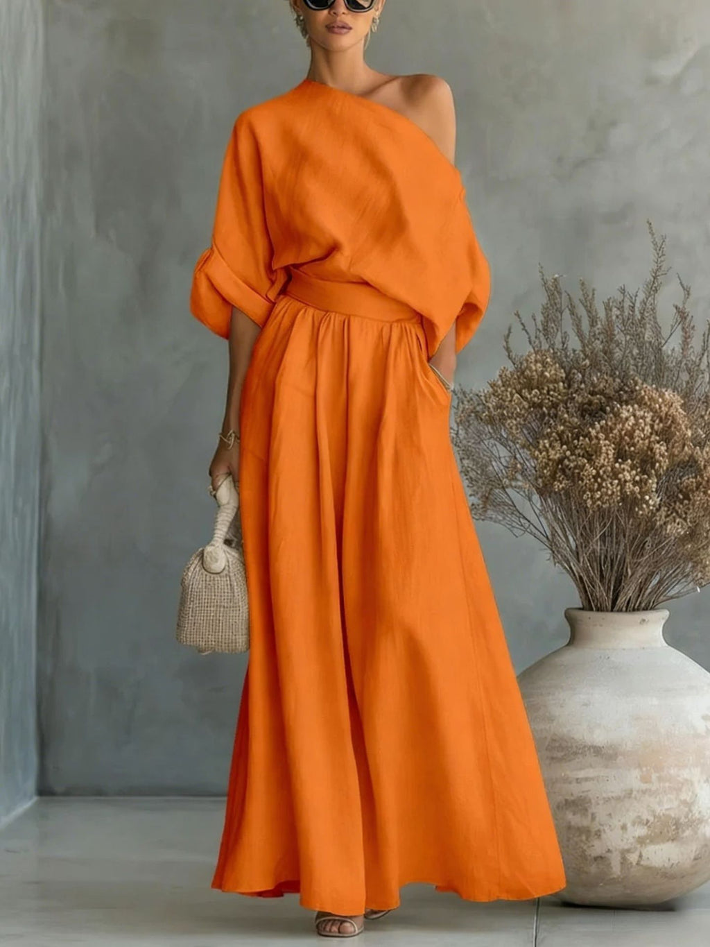 Maxikleid Damen mit One-Shoulder Schnitt und lässiger Passform - 11 - Jasminaboutique.com