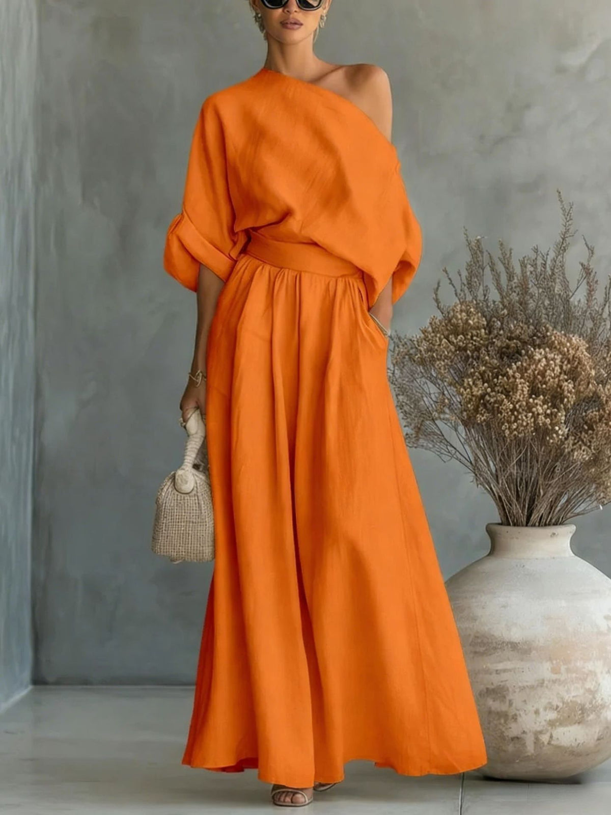 Maxikleid Damen mit One-Shoulder Schnitt und lässiger Passform - 11 - Jasminaboutique.com