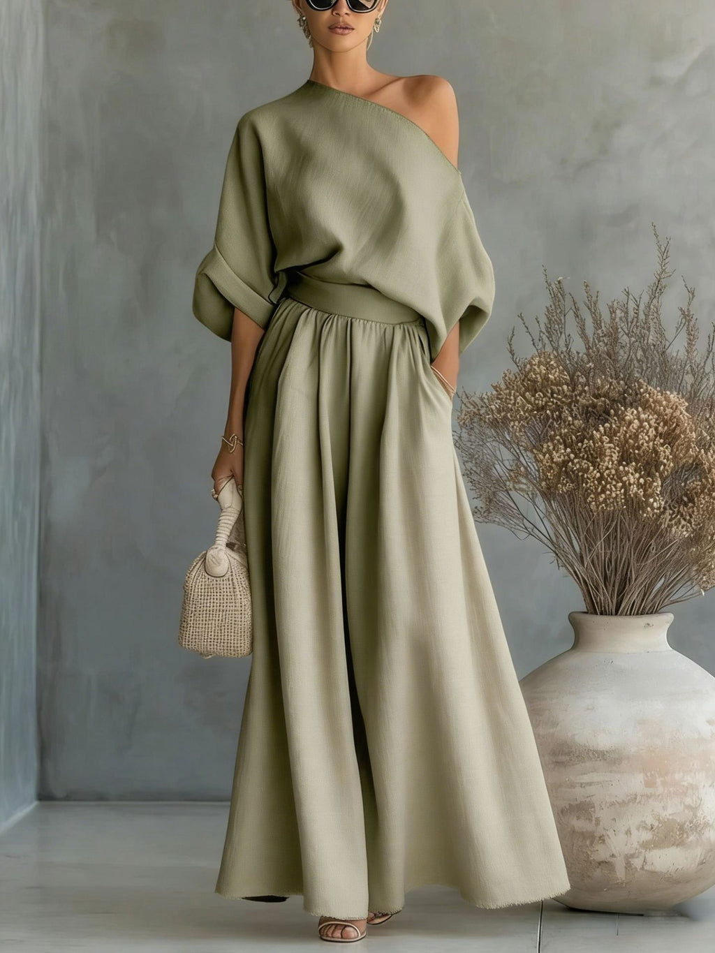 Maxikleid Damen mit One-Shoulder Schnitt und lässiger Passform - 12 - Jasminaboutique.com