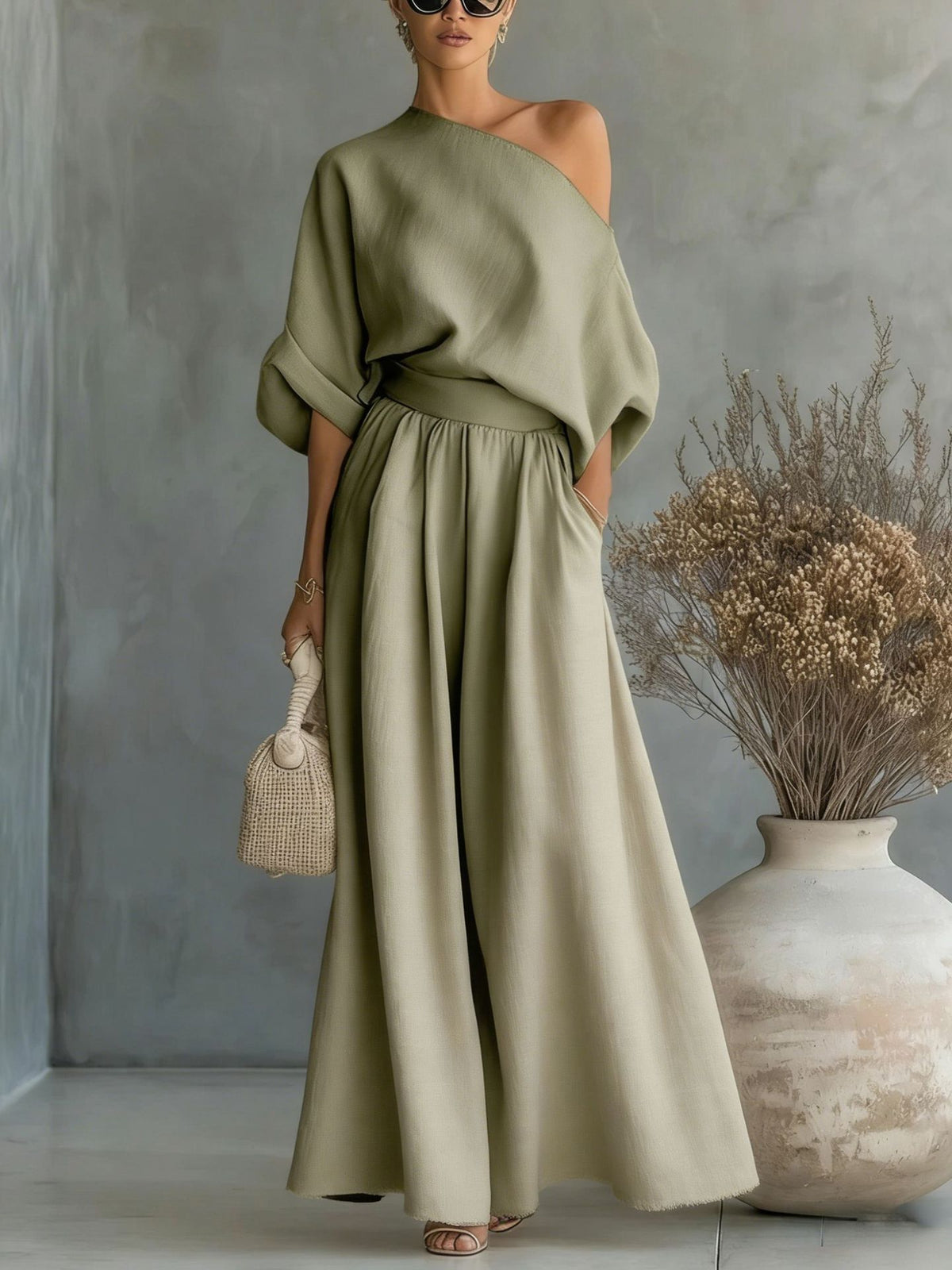 Maxikleid Damen mit One-Shoulder Schnitt und lässiger Passform - 12 - Jasminaboutique.com