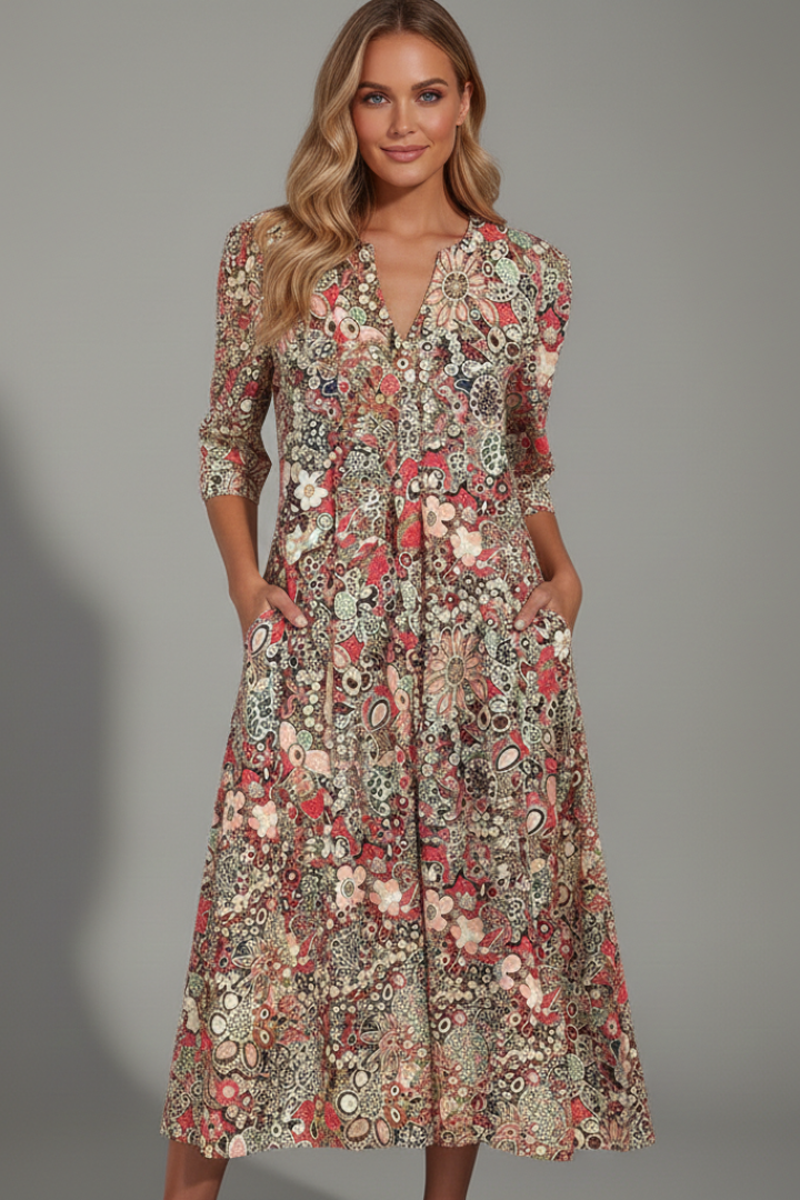 Midi Kleid Damen V-Ausschnitt Halbarm Blütenmuster - 3 - Jasminaboutique.com
