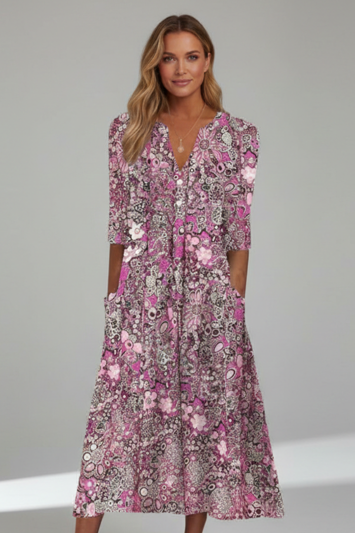 Midi Kleid Damen V-Ausschnitt Halbarm Blütenmuster - 4 - Jasminaboutique.com