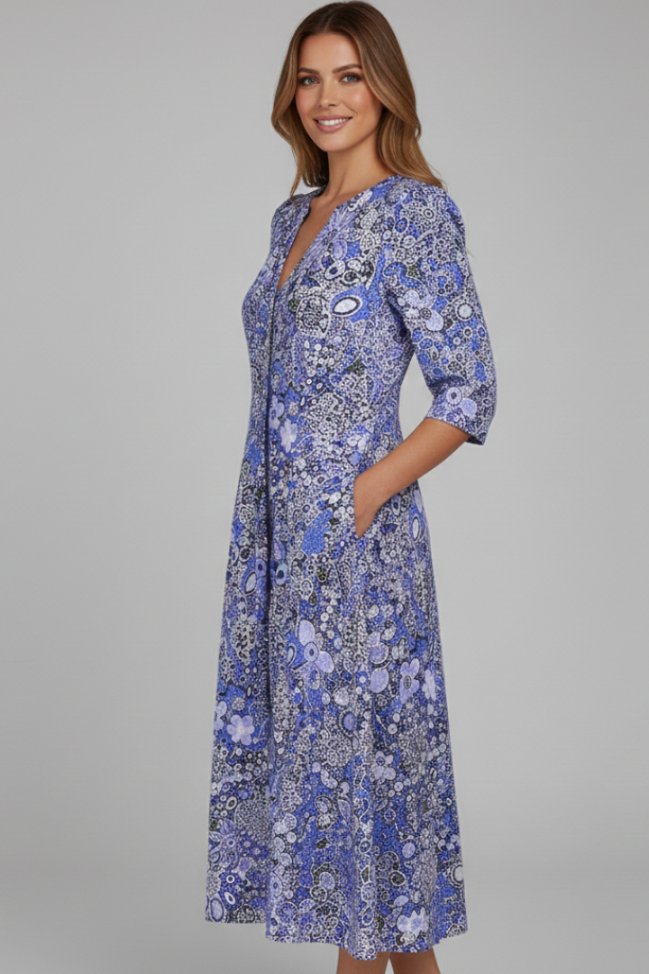 Midi Kleid Damen V-Ausschnitt Halbarm Blütenmuster - 5 - Jasminaboutique.com