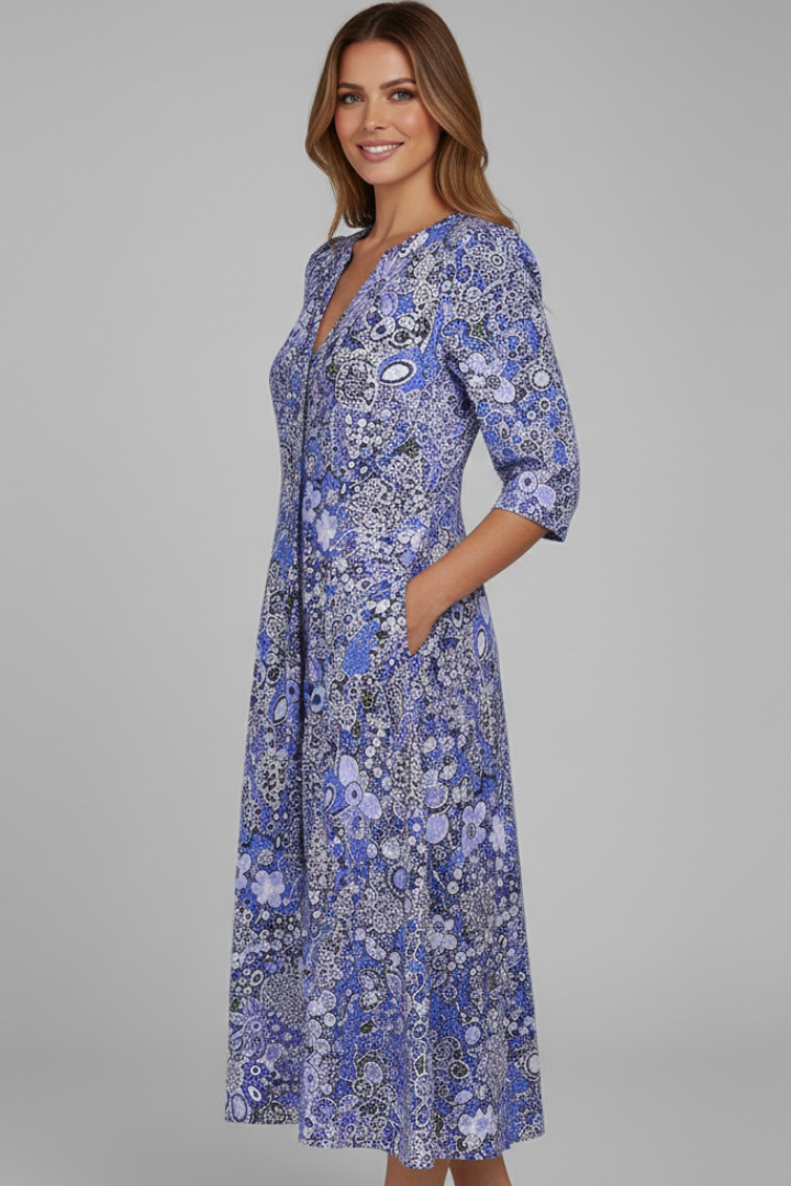 Midi Kleid Damen V-Ausschnitt Halbarm Blütenmuster - 6 - Jasminaboutique.com