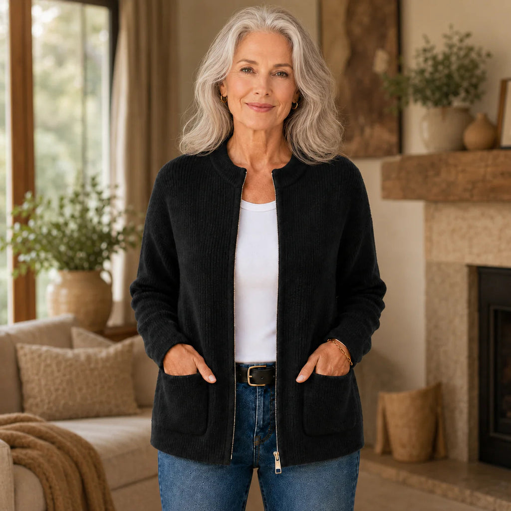 Cardigan Damen mit Taschen und Stehkragen, lässige Passform - 2 - Jasminaboutique.com
