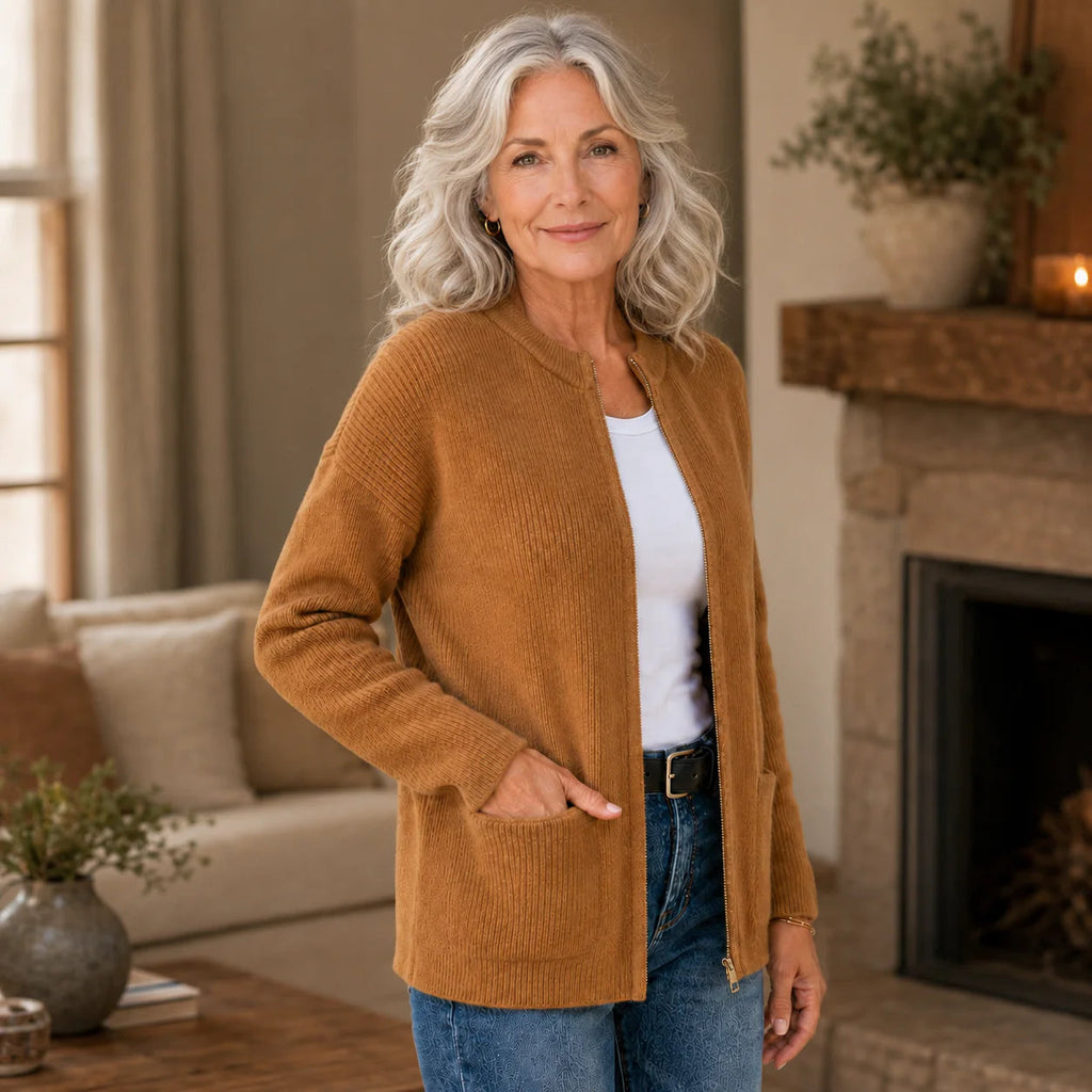 Cardigan Damen mit Taschen und Stehkragen, lässige Passform - 3 - Jasminaboutique.com