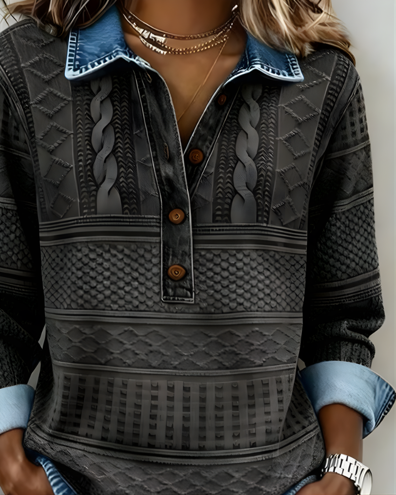 Pullover Damen mit Kragen und Knopfleiste, gestreift - 6 - Jasminaboutique.com