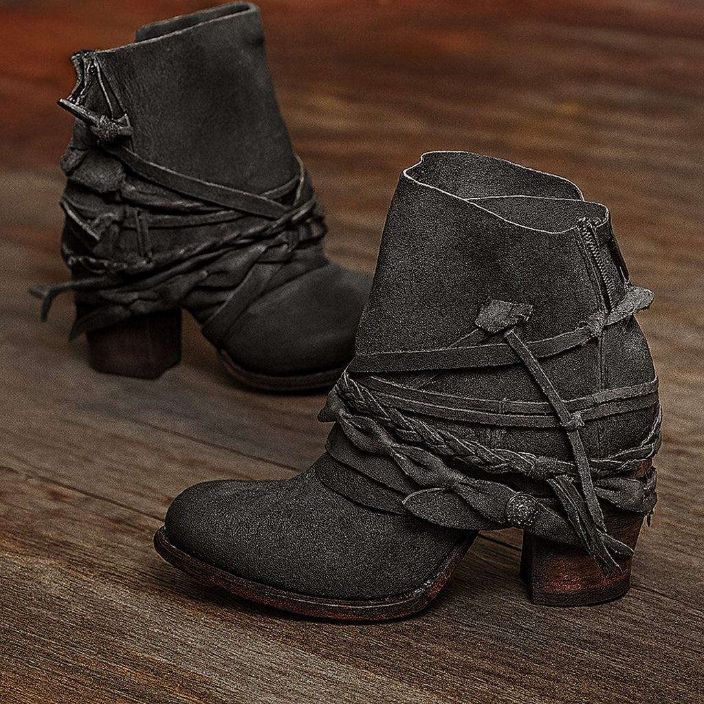 Block-Heel Stiefeletten Damen mit Wickelriemen und Reißverschluss - 1 - Jasminaboutique.com