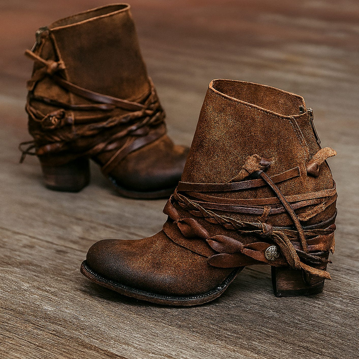 Block-Heel Stiefeletten Damen mit Wickelriemen und Reißverschluss - 2 - Jasminaboutique.com