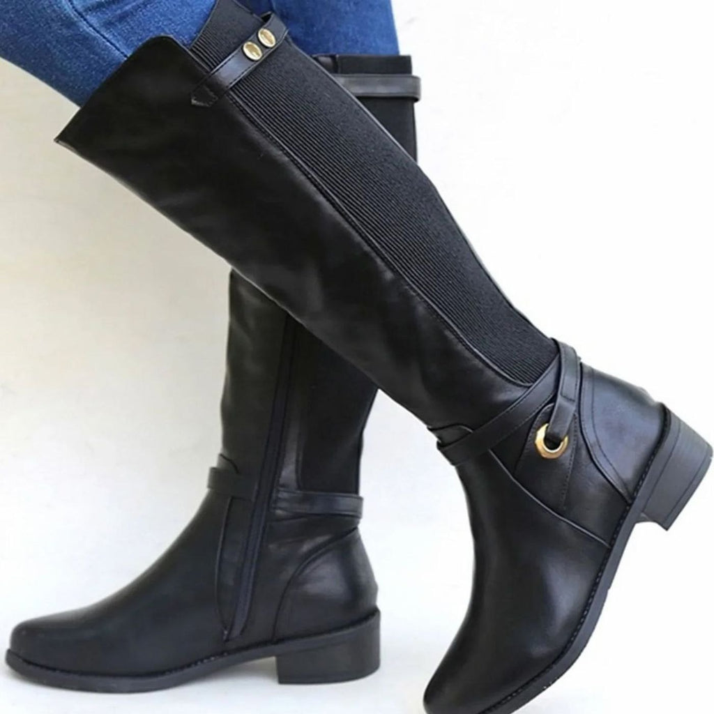 Kniehohe Stiefel Damen mit Blockabsatz und elastischem Einsatz - 1 - Jasminaboutique.com