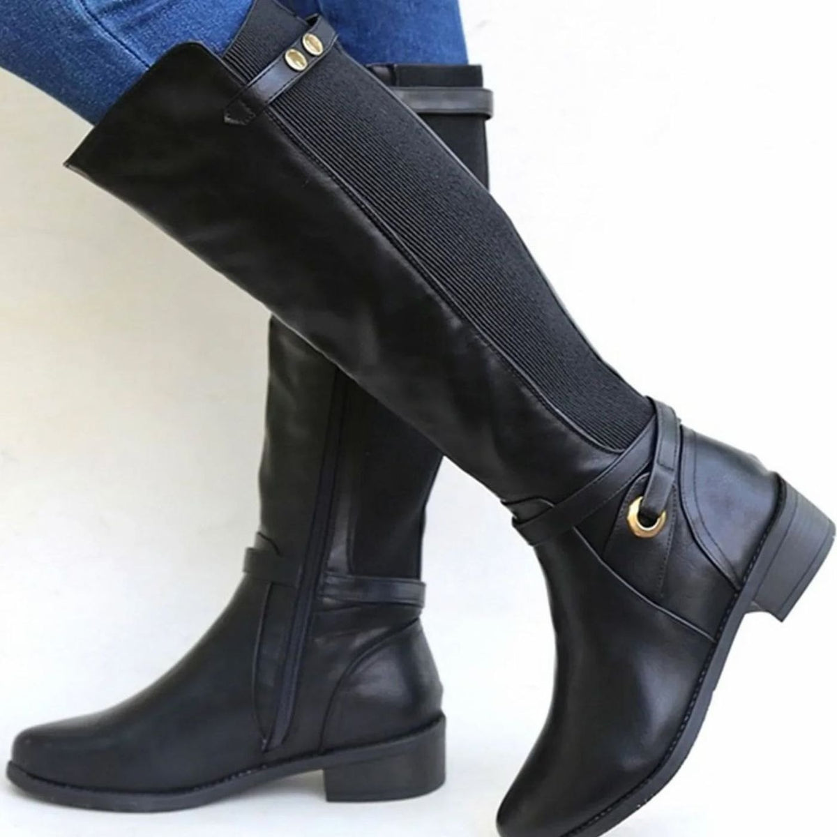 Kniehohe Stiefel Damen mit Blockabsatz und elastischem Einsatz - 1 - Jasminaboutique.com