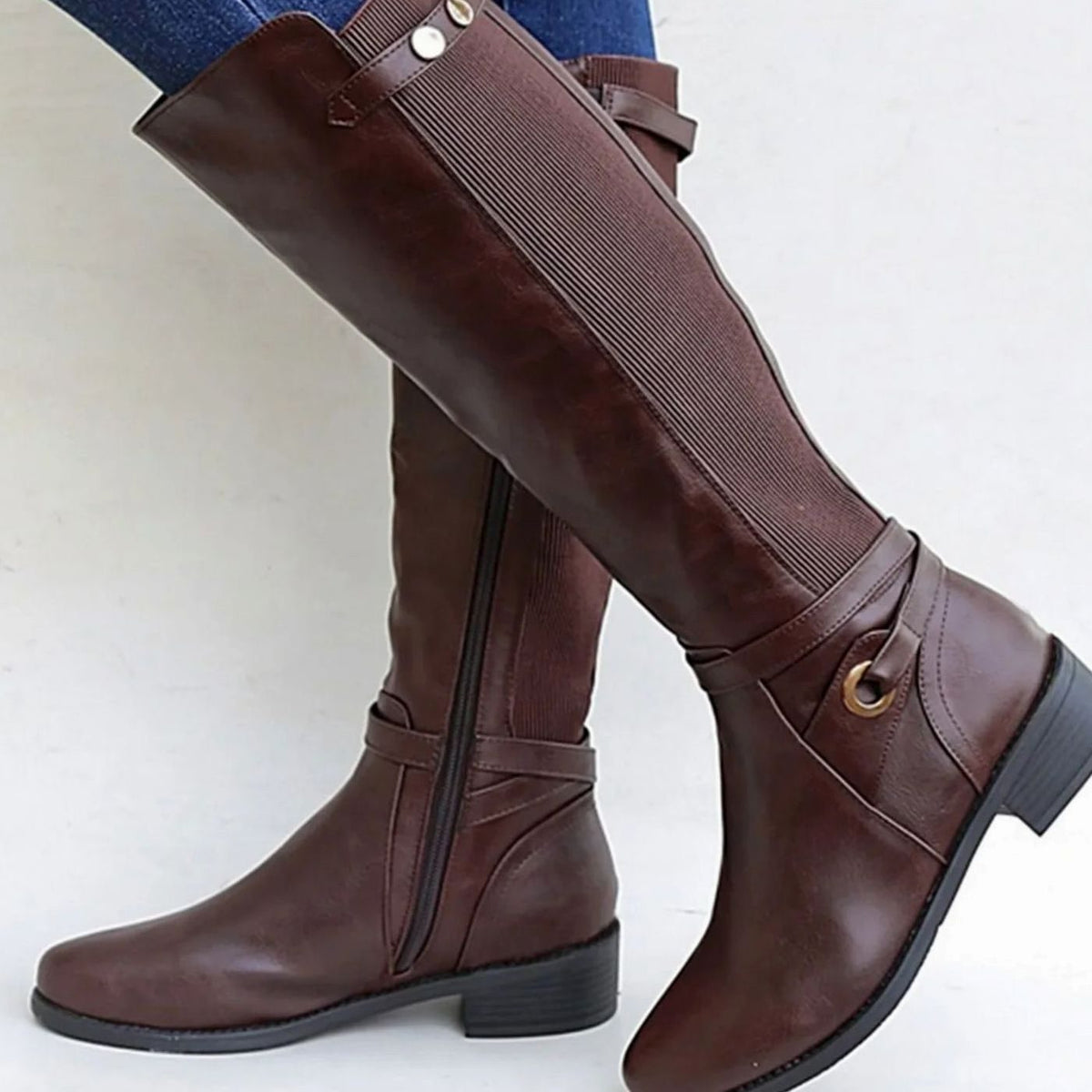 Kniehohe Stiefel Damen mit Blockabsatz und elastischem Einsatz - 2 - Jasminaboutique.com