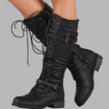 Kniehohe Damen Schnürstiefel mit Doppelschnalle - 1 - Jasminaboutique.com