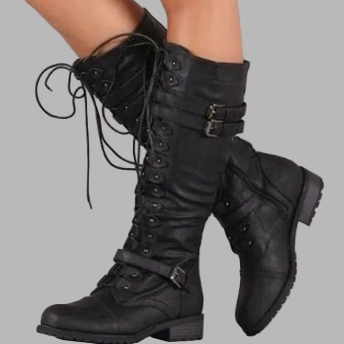 Kniehohe Damen Schnürstiefel mit Doppelschnalle - 1 - Jasminaboutique.com
