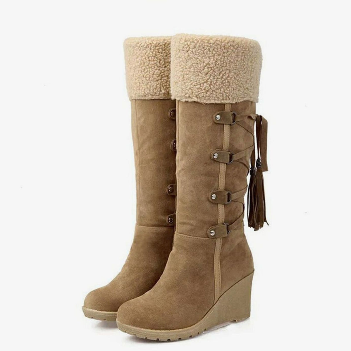 Wedge-Stiefel Damen mit Kunstfell und Schnürung - 1 - Jasminaboutique.com