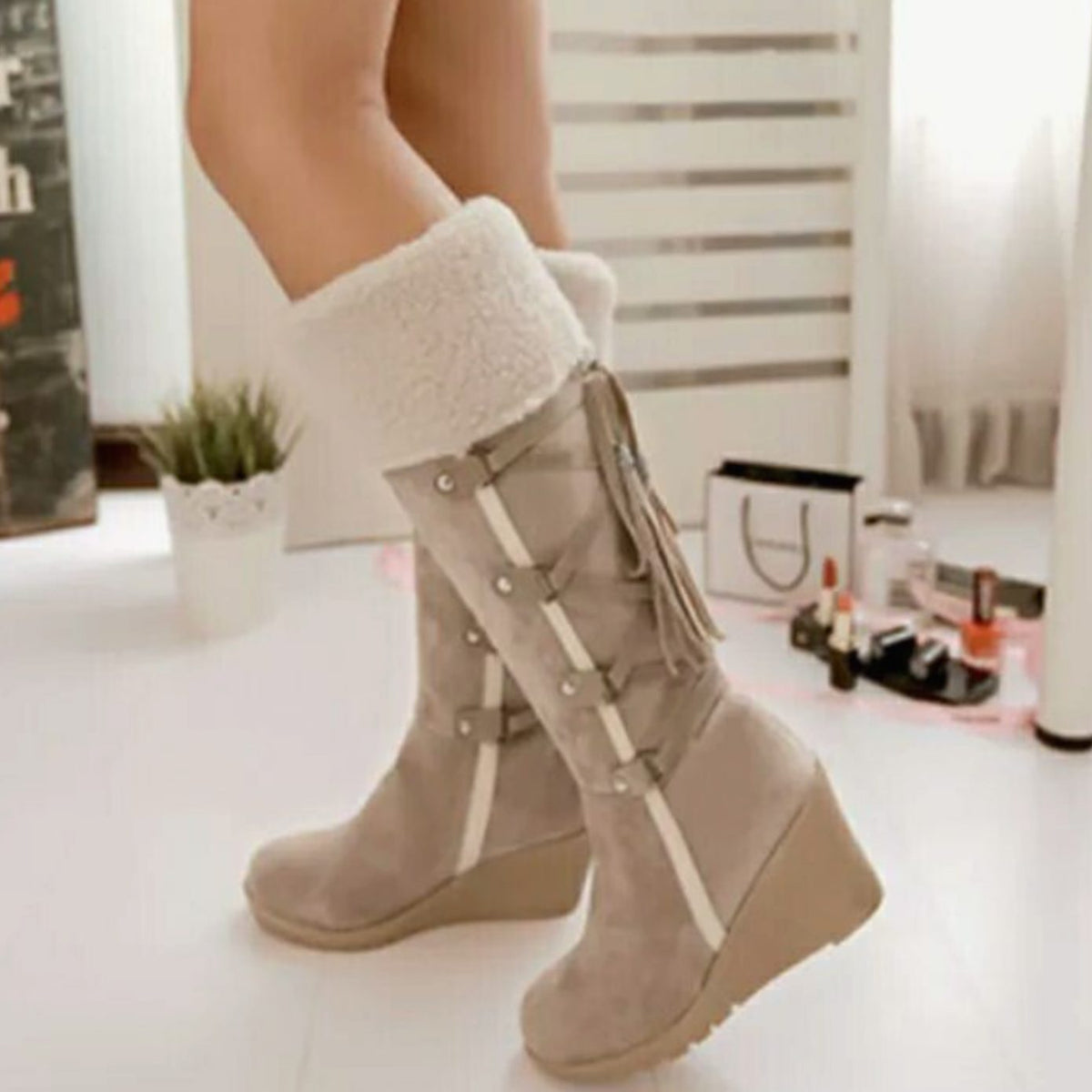 Wedge-Stiefel Damen mit Kunstfell und Schnürung - 2 - Jasminaboutique.com