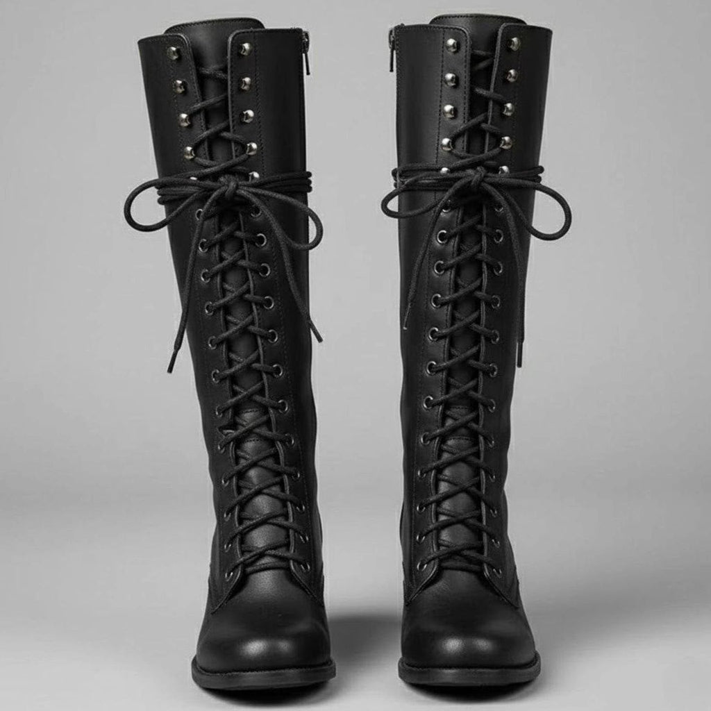 Kniehohe Damen Stiefel mit Schnürung und Blockabsatz - 1 - Jasminaboutique.com