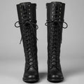Kniehohe Damen Stiefel mit Schnürung und Blockabsatz - 1 - Jasminaboutique.com