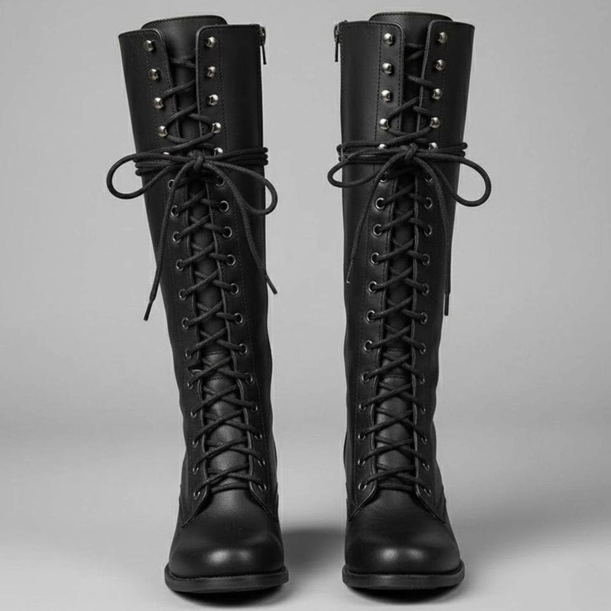 Kniehohe Damen Stiefel mit Schnürung und Blockabsatz - 1 - Jasminaboutique.com