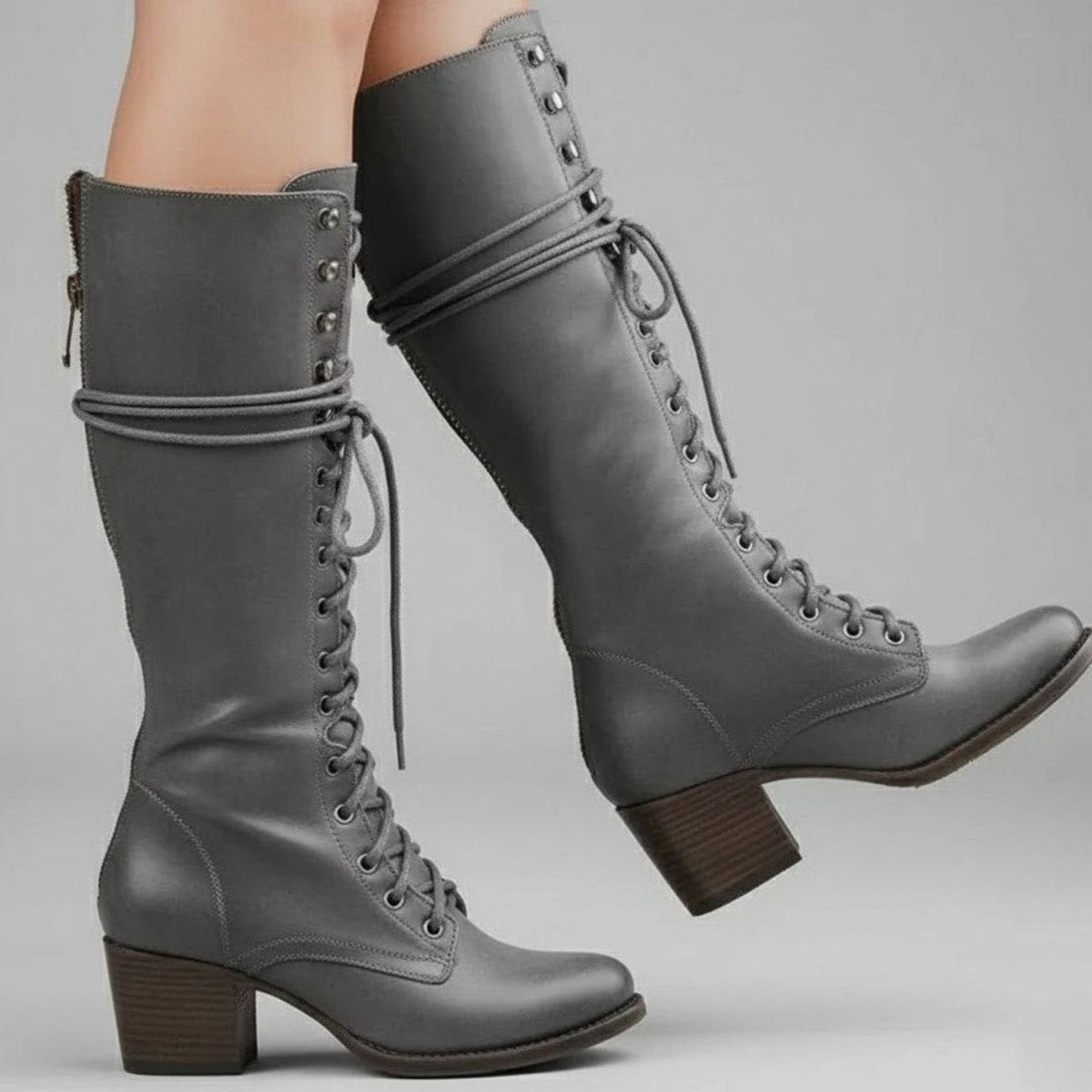 Kniehohe Damen Stiefel mit Schnürung und Blockabsatz - 2 - Jasminaboutique.com