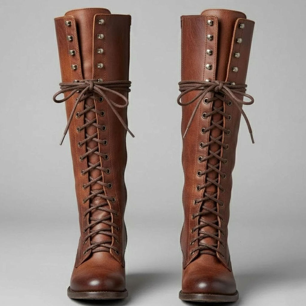 Kniehohe Damen Stiefel mit Schnürung und Blockabsatz - 3 - Jasminaboutique.com