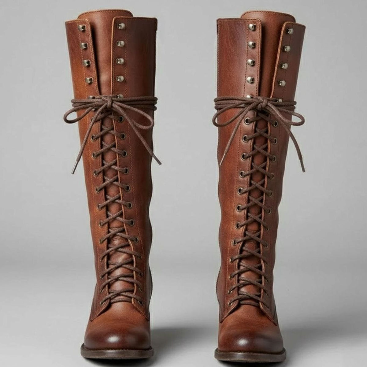 Kniehohe Damen Stiefel mit Schnürung und Blockabsatz - 3 - Jasminaboutique.com
