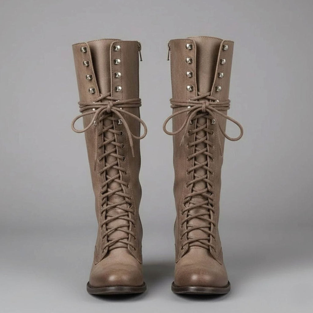 Kniehohe Damen Stiefel mit Schnürung und Blockabsatz - 4 - Jasminaboutique.com