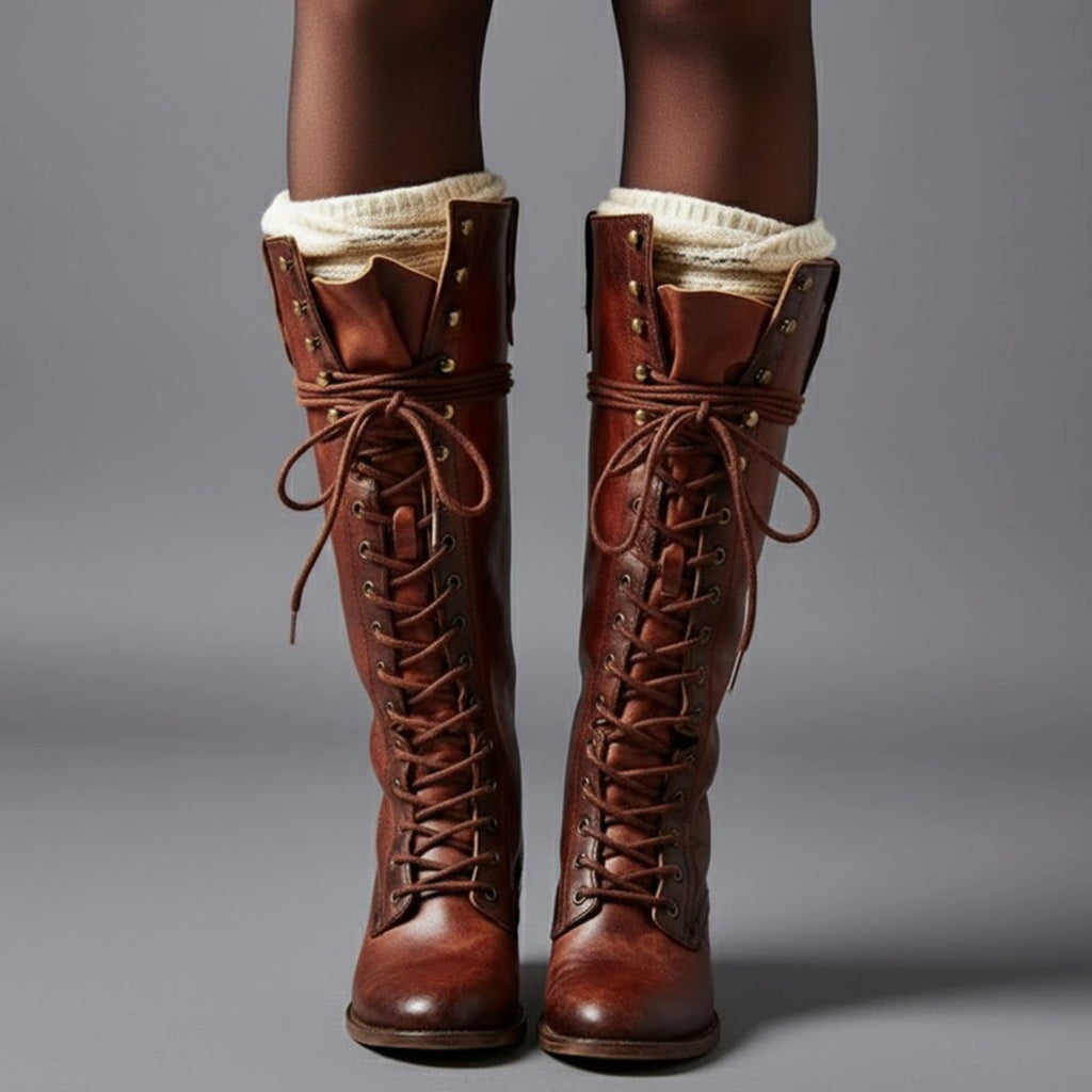 Kniehohe Damen Stiefel mit Schnürung und Blockabsatz - 5 - Jasminaboutique.com