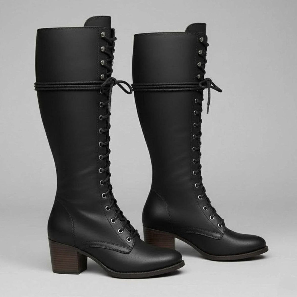 Kniehohe Damen Stiefel mit Schnürung und Blockabsatz - 6 - Jasminaboutique.com