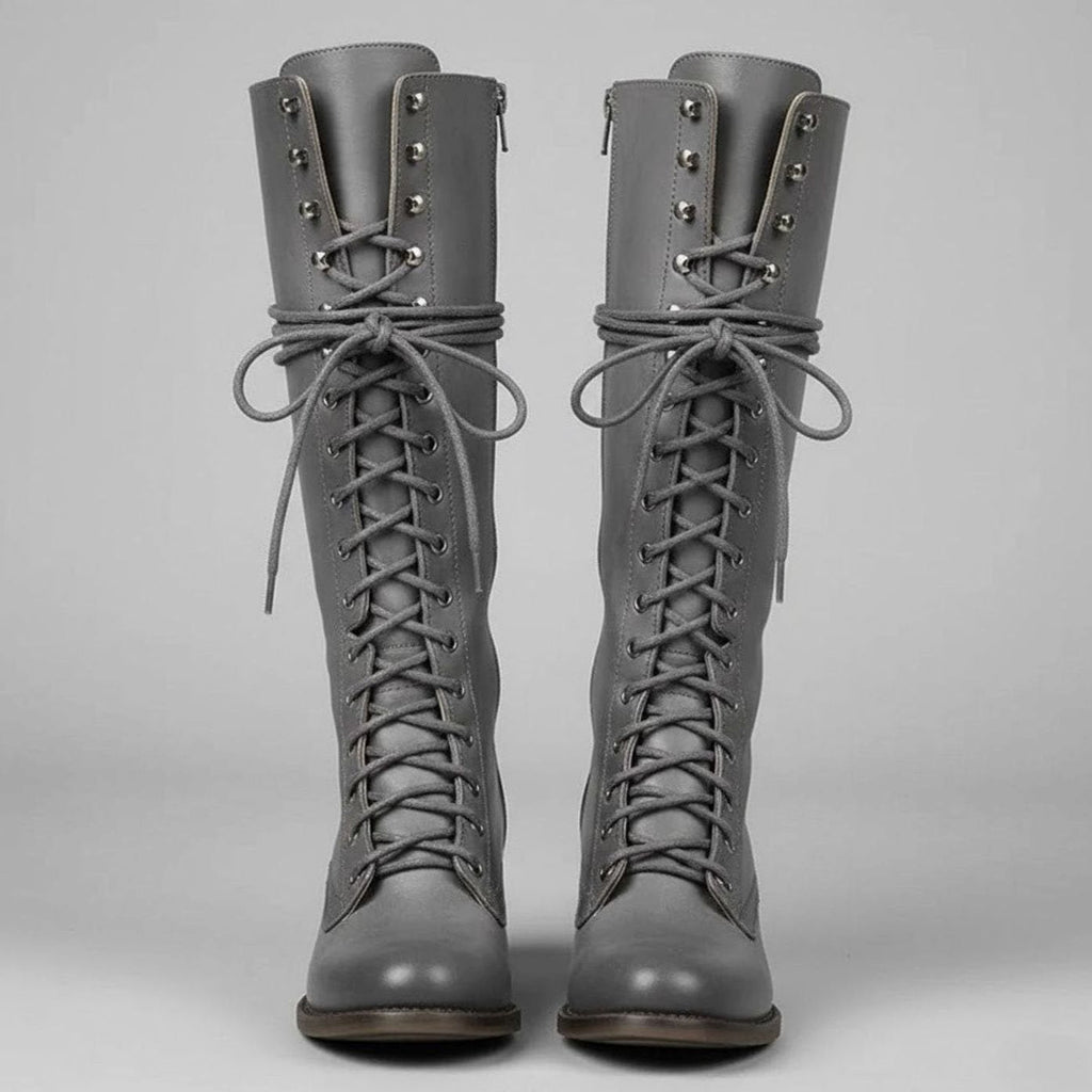 Kniehohe Damen Stiefel mit Schnürung und Blockabsatz - 7 - Jasminaboutique.com