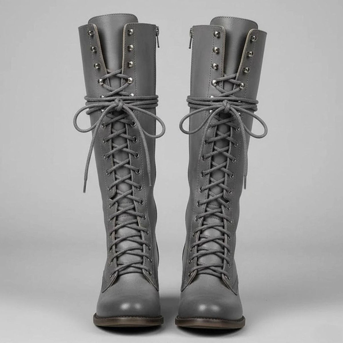 Kniehohe Damen Stiefel mit Schnürung und Blockabsatz - 7 - Jasminaboutique.com