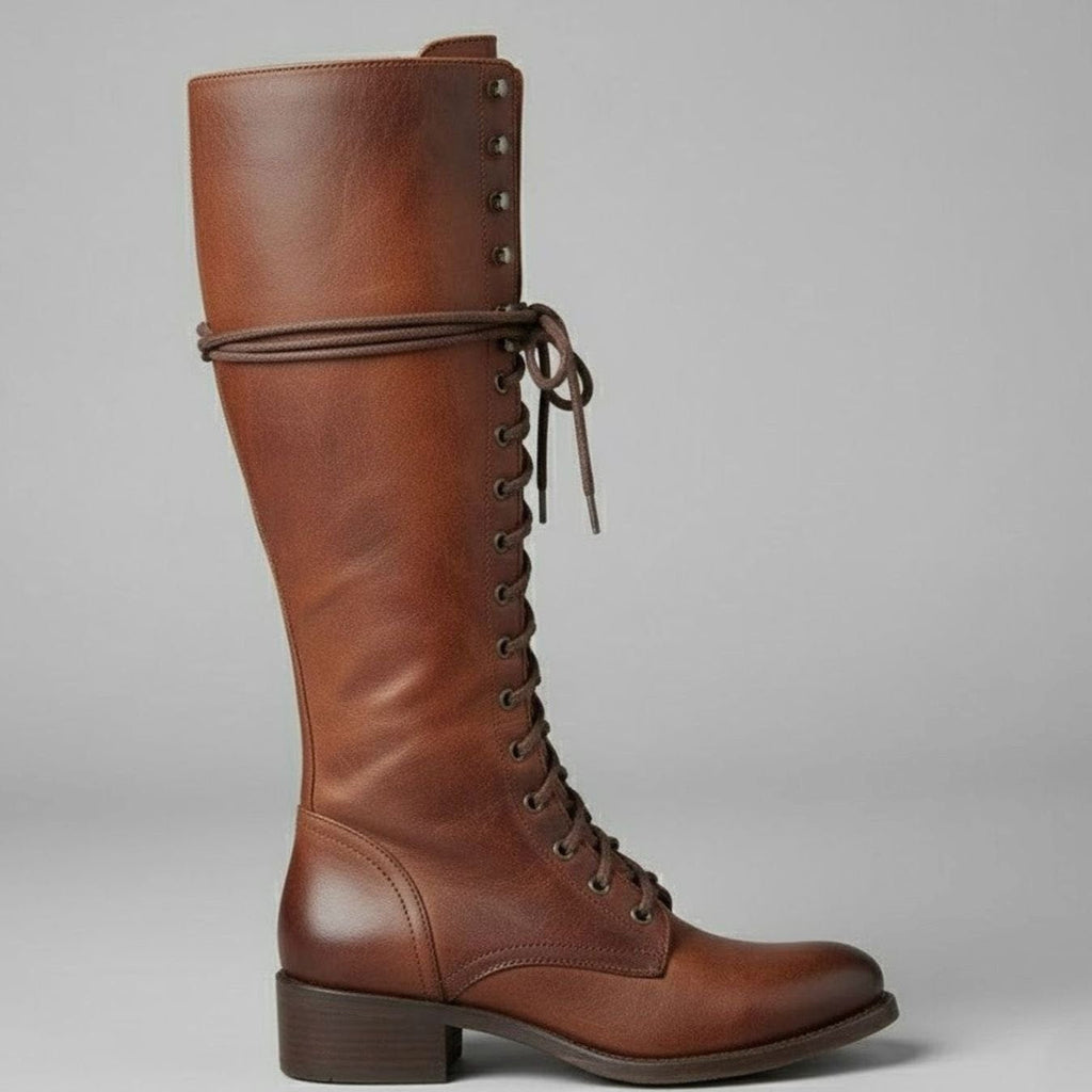 Kniehohe Damen Stiefel mit Schnürung und Blockabsatz - 8 - Jasminaboutique.com