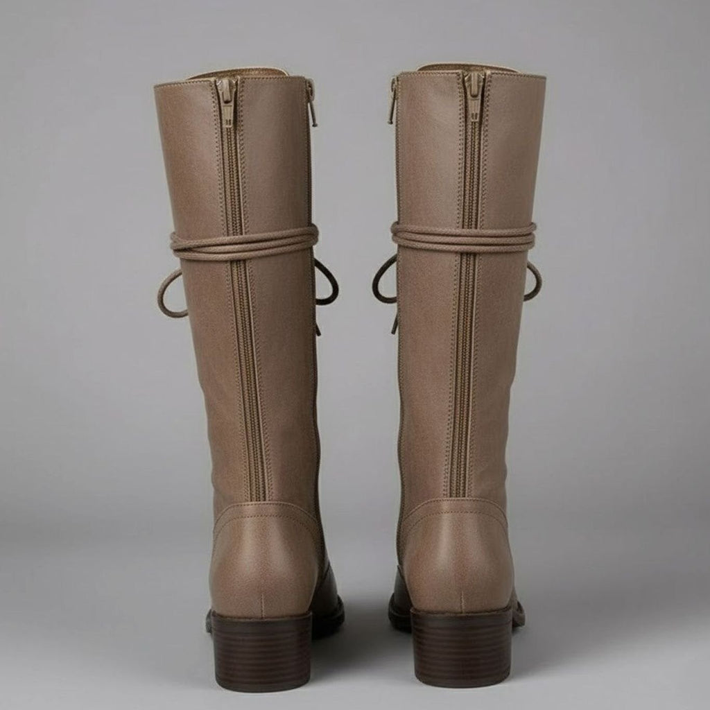 Kniehohe Damen Stiefel mit Schnürung und Blockabsatz - 9 - Jasminaboutique.com