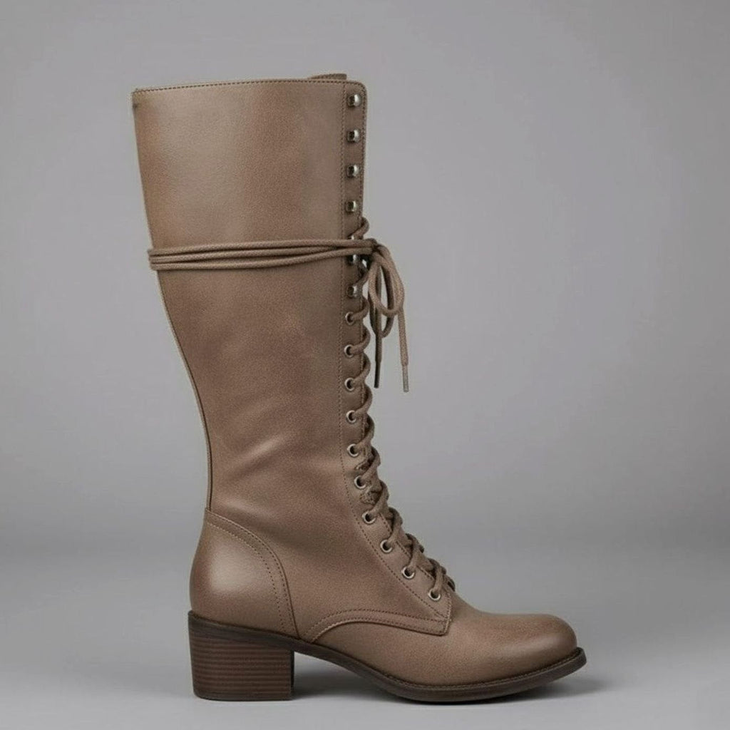 Kniehohe Damen Stiefel mit Schnürung und Blockabsatz - 10 - Jasminaboutique.com