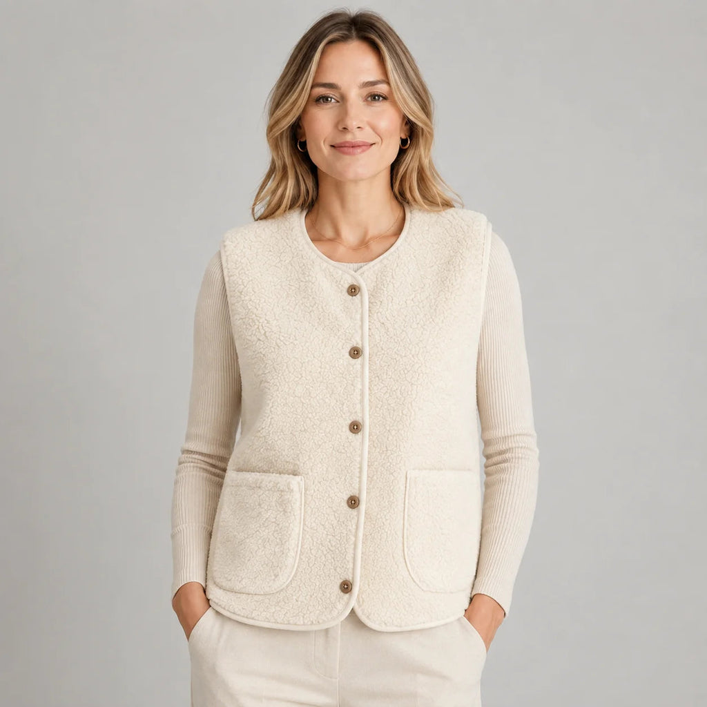 Weste Damen mit Knopfleiste und Taschen, ärmellos, kuschelig, vielseitig - 1 - Jasminaboutique.com