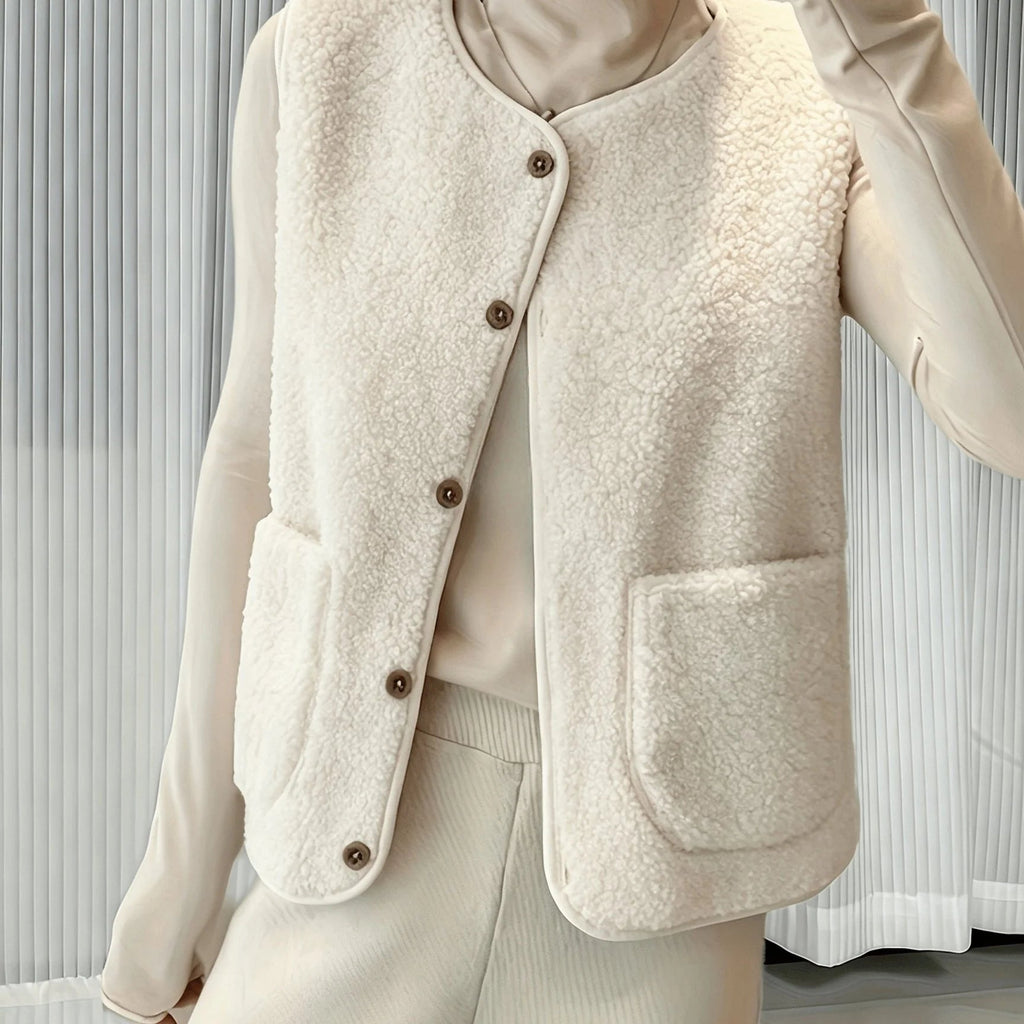 Weste Damen mit Knopfleiste und Taschen, ärmellos, kuschelig, vielseitig - 6 - Jasminaboutique.com
