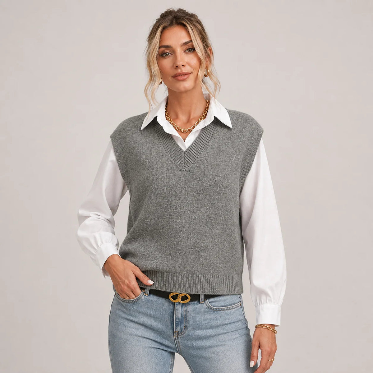 Weste Damen V-Ausschnitt ärmellos lässig - 2 - Jasminaboutique.com