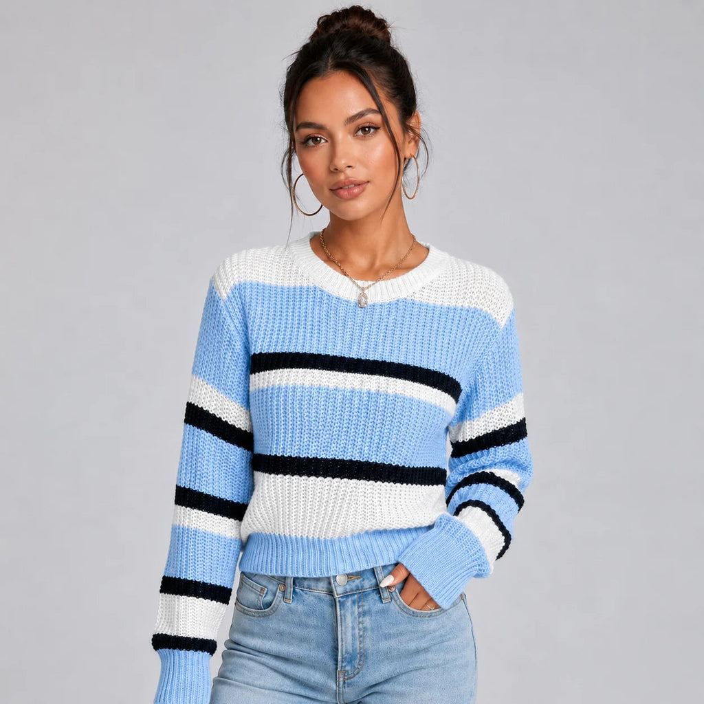 Gestreifter Pullover Damen mit Rundhalsausschnitt und lässigem Schnitt - 2 - Jasminaboutique.com