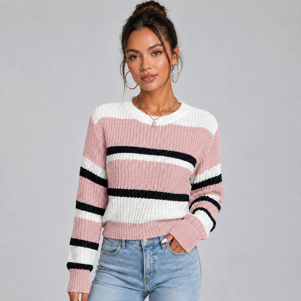 Gestreifter Pullover Damen mit Rundhalsausschnitt und lässigem Schnitt - 3 - Jasminaboutique.com