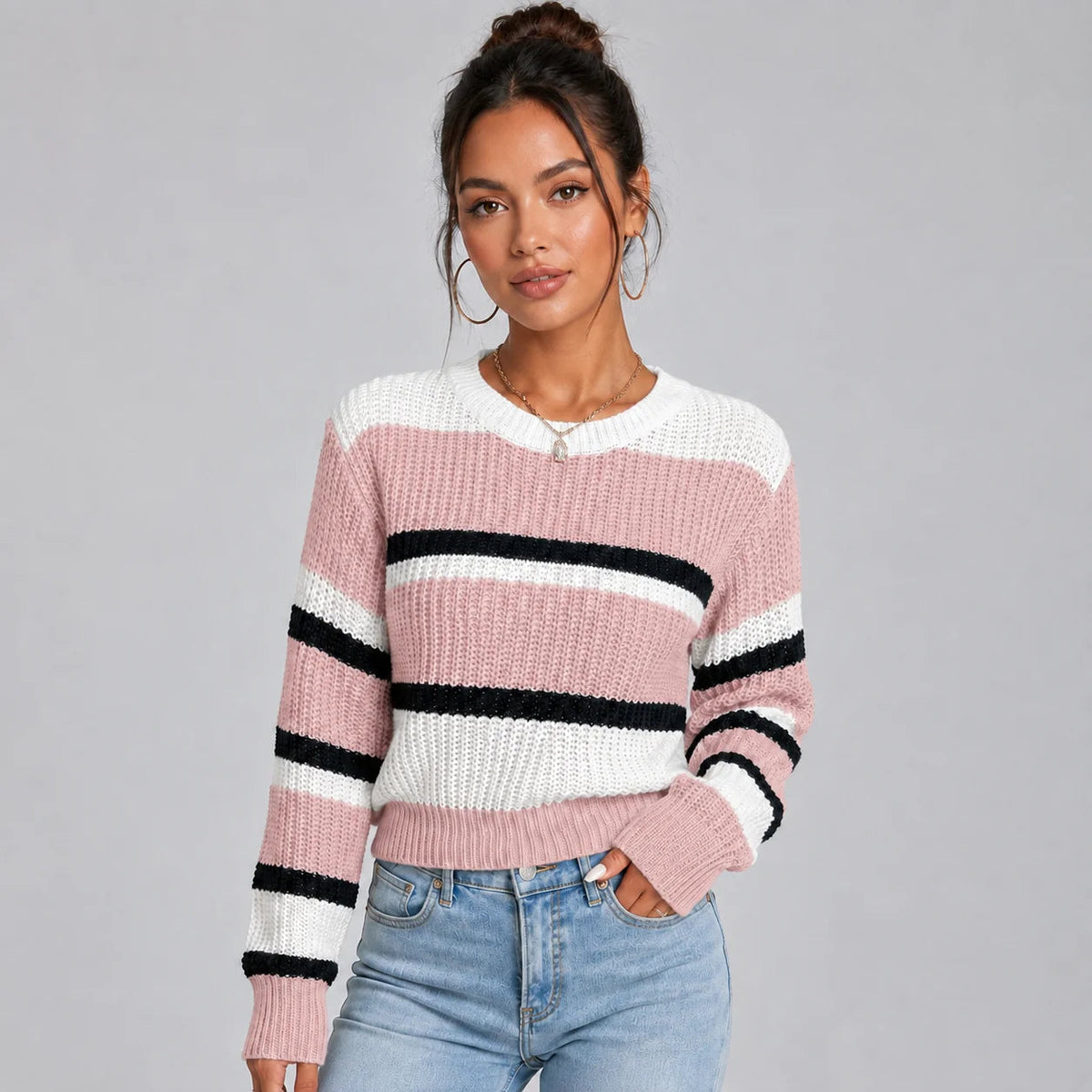 Gestreifter Pullover Damen mit Rundhalsausschnitt und lässigem Schnitt - 3 - Jasminaboutique.com