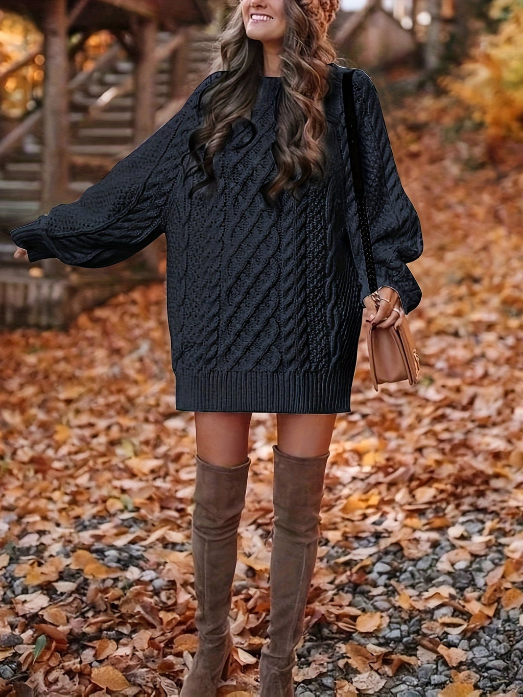 Pullover Kleid Damen mit Zopfmuster und langem Arm - 3 - Jasminaboutique.com