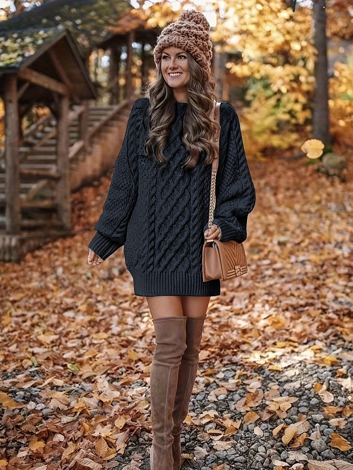 Pullover Kleid Damen mit Zopfmuster und langem Arm - 4 - Jasminaboutique.com