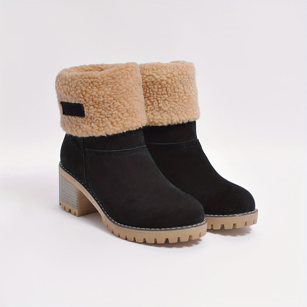 Block-Heel Stiefeletten Damen mit Plüschbund und rutschfester Sohle - 1 - Jasminaboutique.com