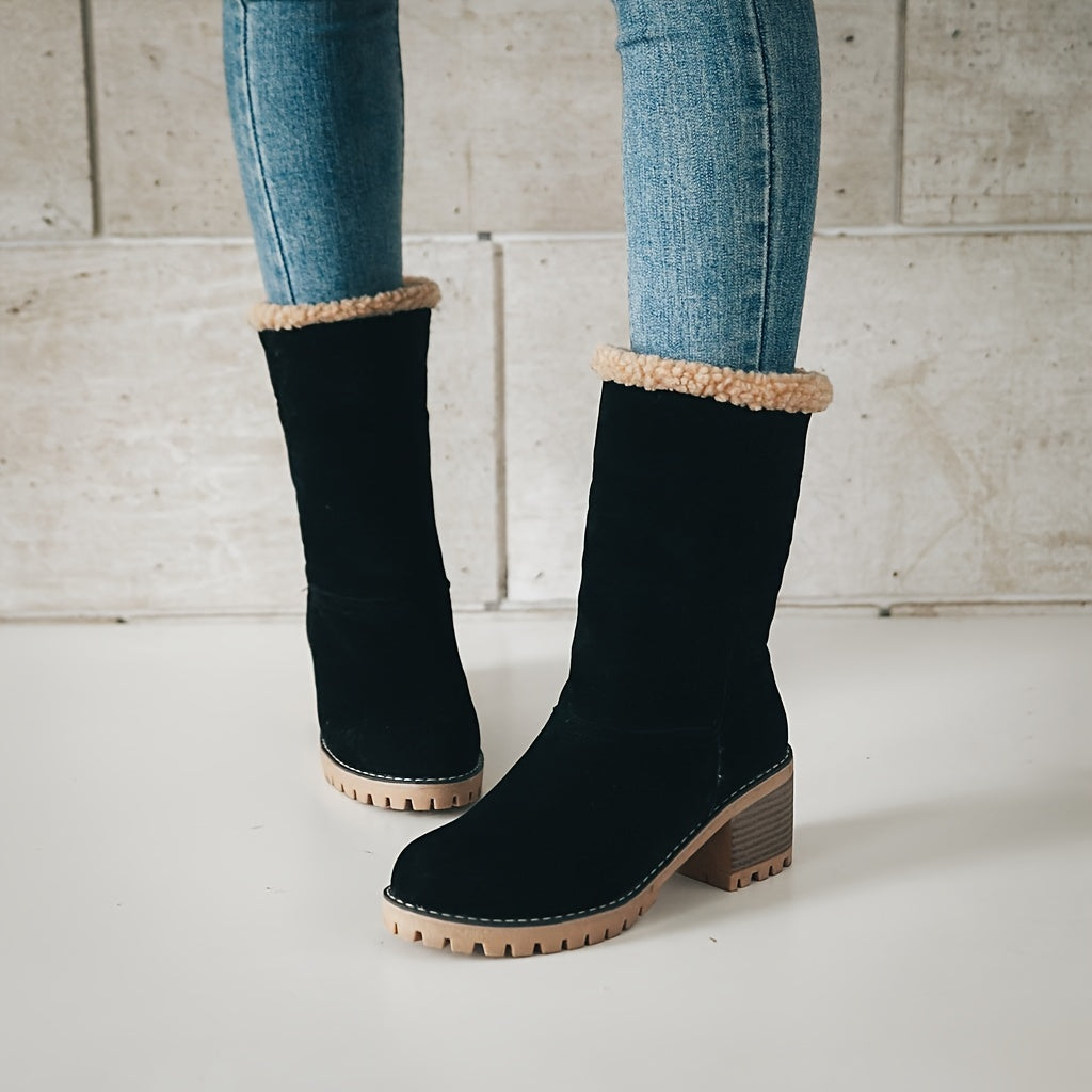 Block-Heel Stiefeletten Damen mit Plüschbund und rutschfester Sohle - 6 - Jasminaboutique.com