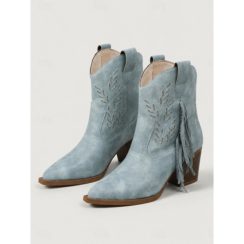 Western Boots Damen mit Blockabsatz und Fransen - 3 - Jasminaboutique.com