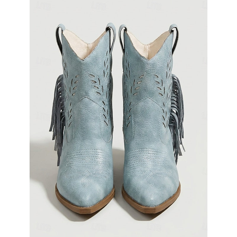 Western Boots Damen mit Blockabsatz und Fransen - 4 - Jasminaboutique.com