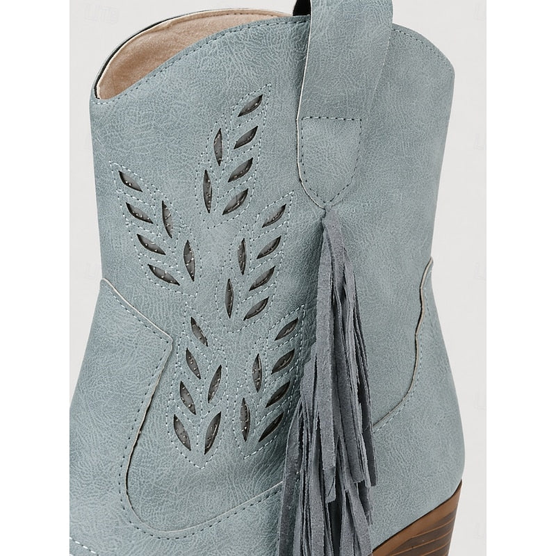 Western Boots Damen mit Blockabsatz und Fransen - 5 - Jasminaboutique.com