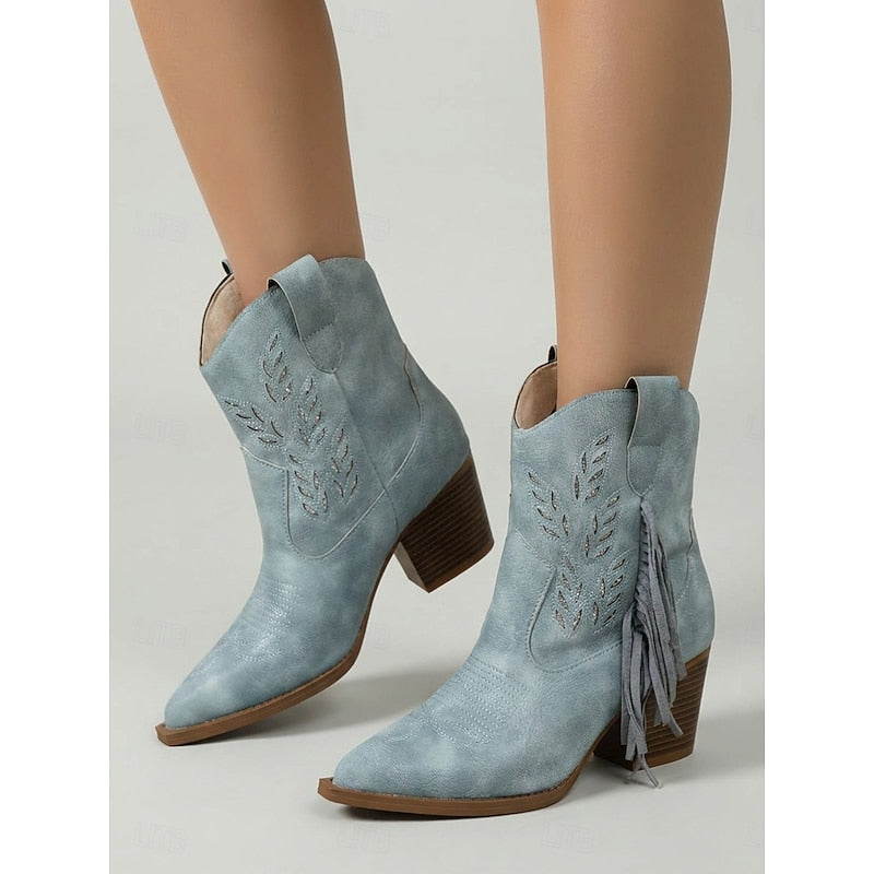 Western Boots Damen mit Blockabsatz und Fransen - 6 - Jasminaboutique.com