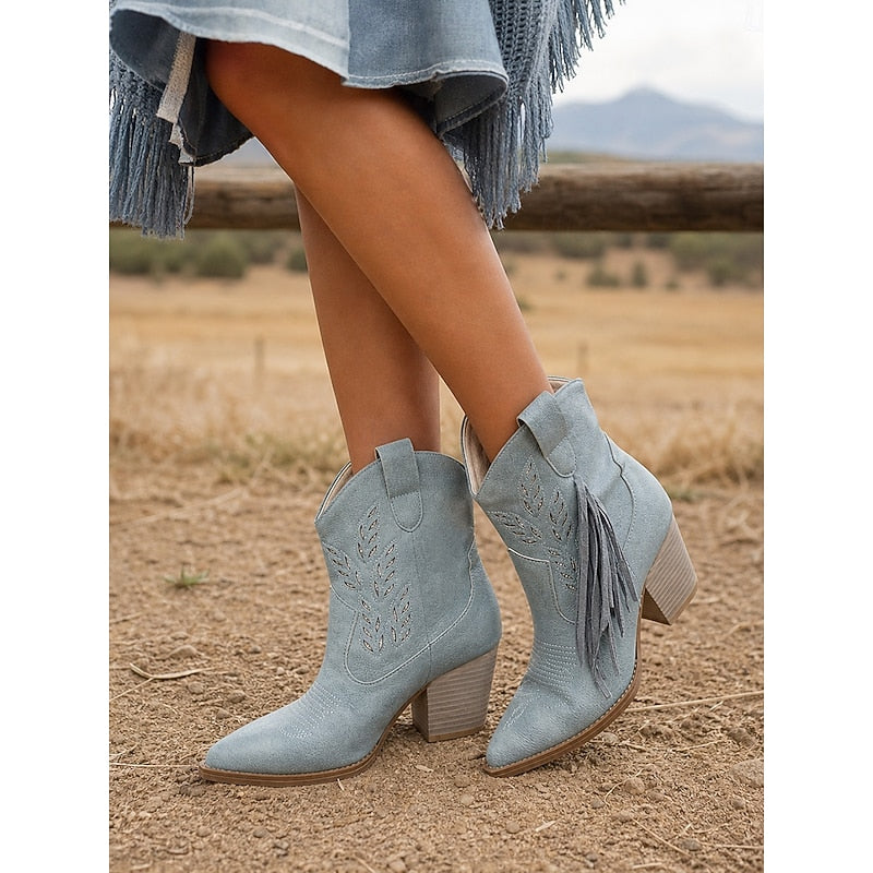 Western Boots Damen mit Blockabsatz und Fransen - 7 - Jasminaboutique.com