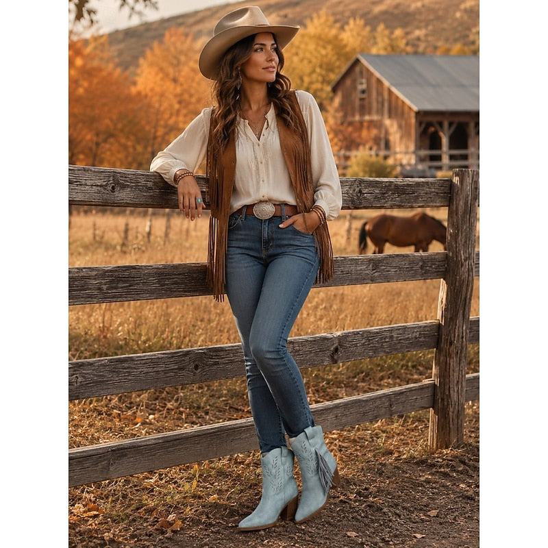 Western Boots Damen mit Blockabsatz und Fransen - 8 - Jasminaboutique.com